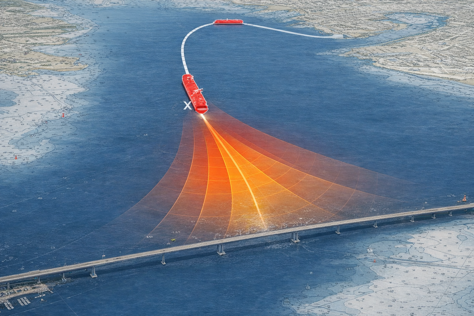 HarborArc visual showing exposure arcs extending from a vessel toward the Francis Scott Key Bridge